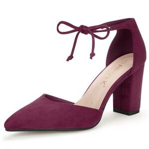 Ankle Tie Chunky Heel Burgundy Pointed Toe Dress Pumps